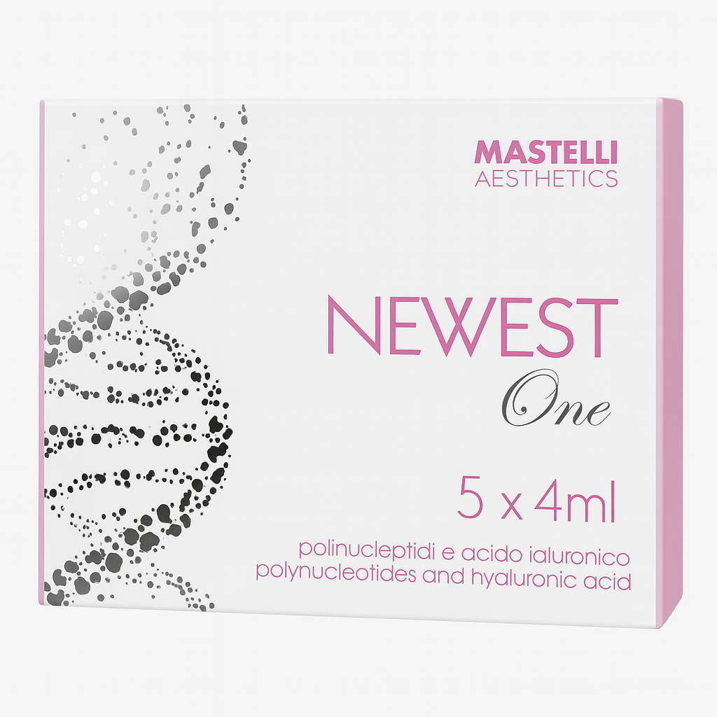 Box of Plinest One by Mastelli Aesthetics. The packaging is white and yellow with a silver curved accent. It features the text "Polinucleotidi / Polynucleotides" and highlights "HPT Technology." The Mastelli logo and slogan "At the origin of regeneration" appear at the bottom.