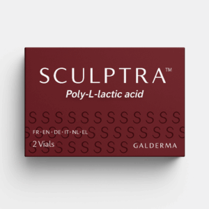 Maroon-colored box of SCULPTRA by Galderma, labeled "Poly-L-lactic acid." The packaging includes multiple "S" symbols in a patterned design across the bottom and notes that it contains 2 vials. Languages indicated: FR, EN, DE, IT, NL, EL.