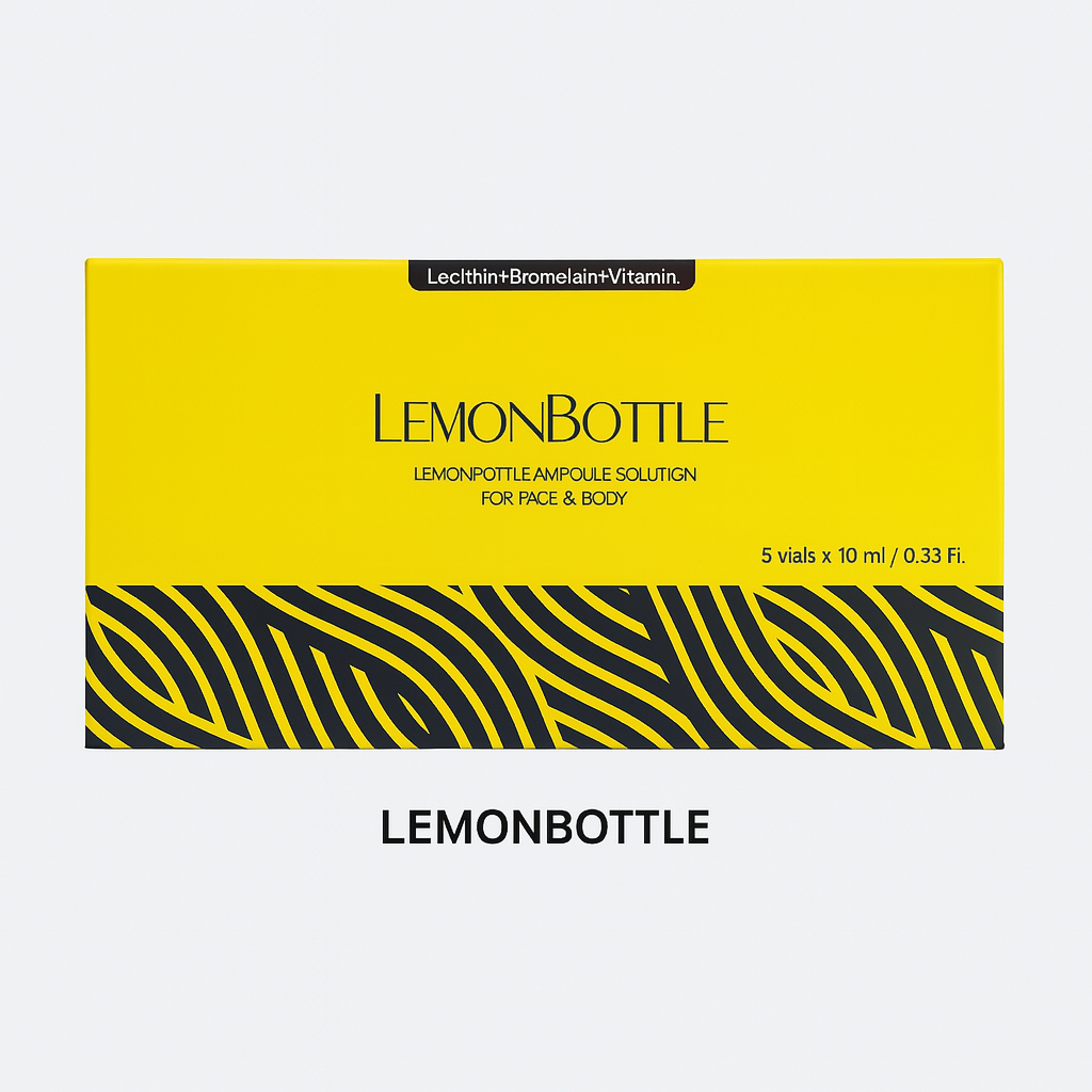 Bright yellow box of LEMONBOTTLE ampoule solution for face and body, labeled with "Lecithin + Bromelain + Vitamin." The lower part features a bold black and yellow wavy pattern. The packaging indicates it contains 5 vials × 10 ml (0.33 fl oz).