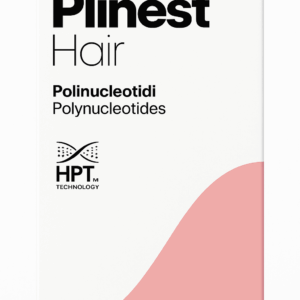 Box of Plinest Hair by Mastelli Aesthetics, designed with a clean white upper section and a curved pink lower section. The text highlights "Polinucleotidi / Polynucleotides" and "HPT Technology." The Mastelli logo and slogan "At the origin of regeneration" are displayed at the bottom.