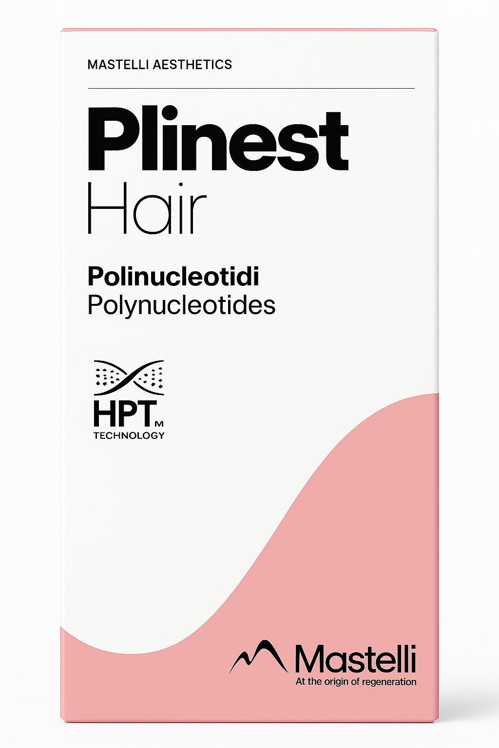 Box of Plinest Hair by Mastelli Aesthetics, designed with a clean white upper section and a curved pink lower section. The text highlights "Polinucleotidi / Polynucleotides" and "HPT Technology." The Mastelli logo and slogan "At the origin of regeneration" are displayed at the bottom.