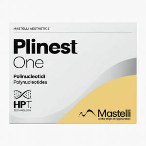 Box of Plinest One by Mastelli Aesthetics, designed with a clean white background and a silver-and-yellow wave pattern across the bottom. The text highlights "Polinucleotidi / Polynucleotides" and "HPT Technology." The Mastelli logo and tagline "At the origin of regeneration" are displayed in the lower right corner.