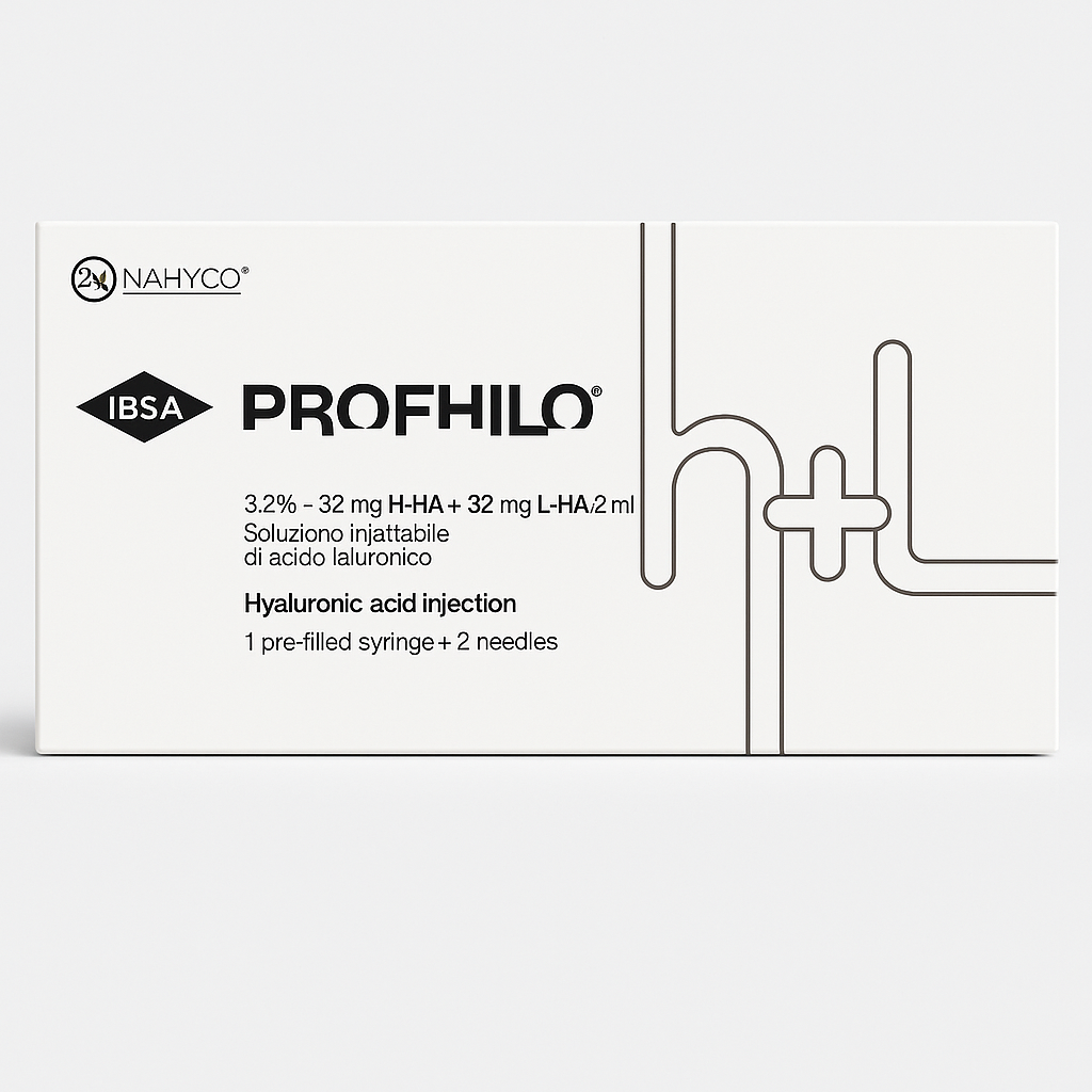 White box of IBSA PROFHILO Hyaluronic Acid Injection. The packaging displays "3.2% – 32 mg H-HA + 32 mg L-HA / 2 ml" and notes it includes "1 pre-filled syringe + 2 needles." The design features minimalist black line art forming "h+l" on the right, and includes text in both English and Italian.