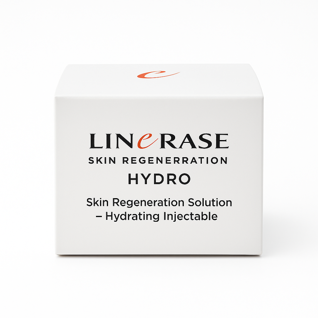 White box of LINERASE HYDRO Skin Regeneration Solution. The packaging features bold black and orange text stating it is a "Hydrating Injectable" for skin regeneration. The design is minimalistic with a focus on clarity and clinical aesthetics.