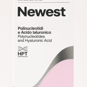 Box of Newest by Mastelli Aesthetics, featuring a clean white design with a curved pink and silver section at the bottom. The text highlights "Polynucleotides and Hyaluronic Acid" and "HPT – High Purity Technology." The Mastelli Innovative logo is displayed at the lower right corner.