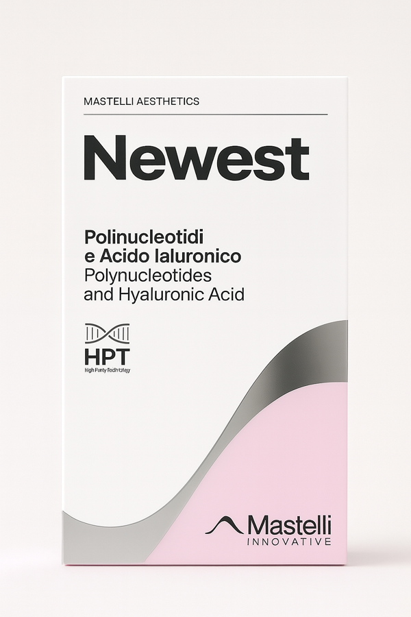 Box of Newest by Mastelli Aesthetics, featuring a clean white design with a curved pink and silver section at the bottom. The text highlights "Polynucleotides and Hyaluronic Acid" and "HPT – High Purity Technology." The Mastelli Innovative logo is displayed at the lower right corner.