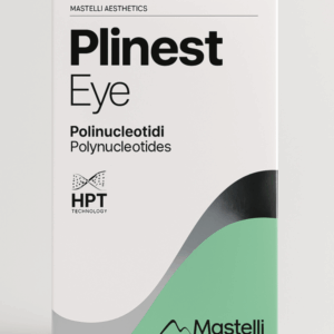 Box of Plinest Eye by Mastelli Aesthetics, featuring a clean white design with a curved mint green and silver section at the bottom. The packaging highlights "Polinucleotidi / Polynucleotides" and "HPT Technology." The Mastelli logo and slogan "At the origin of regeneration" appear at the bottom right.