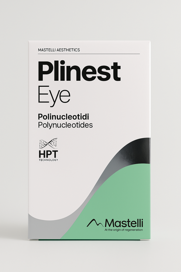 Box of Plinest Eye by Mastelli Aesthetics, featuring a clean white design with a curved mint green and silver section at the bottom. The packaging highlights "Polinucleotidi / Polynucleotides" and "HPT Technology." The Mastelli logo and slogan "At the origin of regeneration" appear at the bottom right.